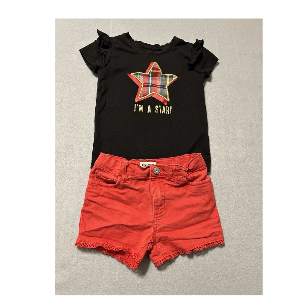 Garanimals Star Ruffle Tee & OshKosh Plaid Pocket Shorts Set Girls 4T